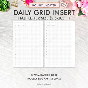 Inserciones imprimibles de media letra, inserciones para agenda diaria, imprimibles de media letra, inserciones diarias de media letra inspiradas en Hobonichi, cuadrícula diaria en PDF