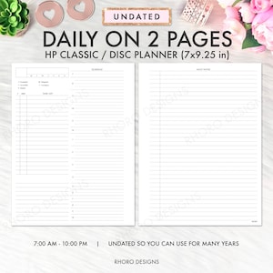 May include: A printable daily planner template for a disc planner. The planner is undated and measures 17.8 cm by 23.5 cm. The template includes a schedule section and a daily notes section.