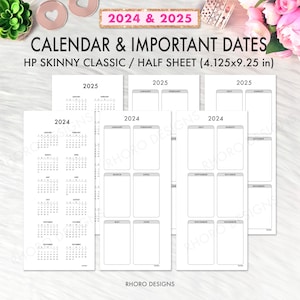 Happy Planner Skinny Classic Printable Inserts, Calendar 2024 2025, Skinny Classic Happy Planner Inserts Half Sheet Calendar Important Dates