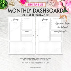 EDITABLE A5 Planner Inserts Printable, A5 Monthly Dashboard Inserts, A5 Monthly Printables, A5 Monthly Planner Inserts, Filofax A5, Kikki K