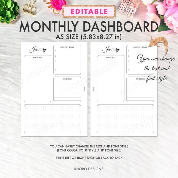 EDITABLE A5 Planner Inserts Printable, A5 Monthly Dashboard Inserts, A5 Monthly Printables, A5 Monthly Planner Inserts, Filofax A5, Kikki K