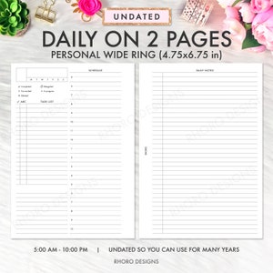 Personal Wide Inserts, Personal Wide Planner Inserts Printable, Daily Printable Inserts, Daily On 2 Pages, DO2P, Two Page Per Day Refill PDF