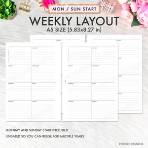 May include: A printable weekly planner template in A5 size (5.83x8.27 inches). The template has a Monday and Sunday start and is undated so it can be reused for multiple years.