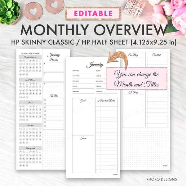 EDITABLE Monthly Overview, Skinny Classic Inserts, Skinny Classic Happy Planner Printable Inserts, Happy Planner Half Sheet Printable