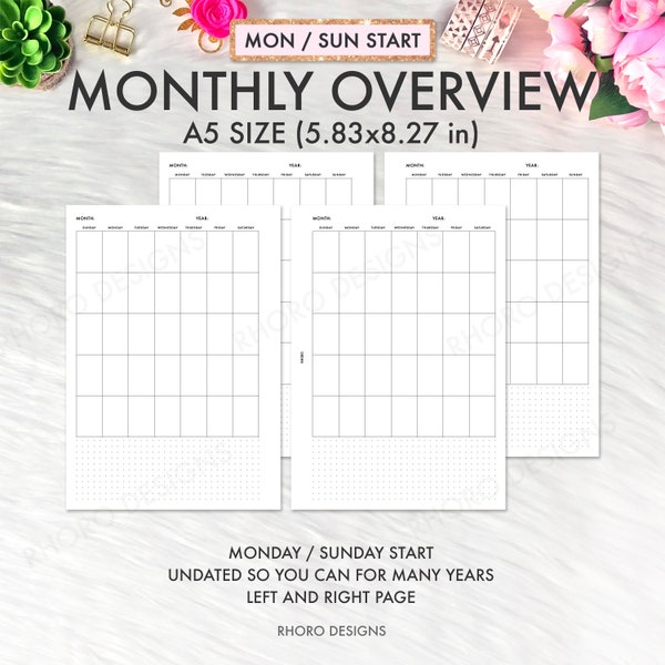 A5 Planner Inserts Printable, A5 Monthly Overview Inserts, A5 MO1P Printable, A5 Monthly Calendar Planner Inserts, Filofax A5, Kikki K Large