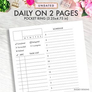 Pocket Ring Size Printable Insert, Pocket Daily Insert, Daily On 2 Pages, DO2P, Printable Pocket Ring Planner Insert Filofax Pocket Refill