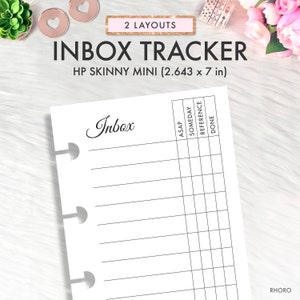 Può includere: Un tracker di posta in arrivo stampabile in bianco e nero per un planner HP Skinny Mini. Il tracker ha colonne etichettate "ASAP", "Someday", "Reference" e "Done".