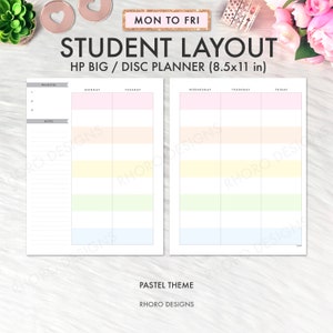 May include: A printable student planner layout in pastel colors with a Monday to Friday schedule. The planner is designed for a HP Big/Disc planner and measures 8.5 by 11 inches.