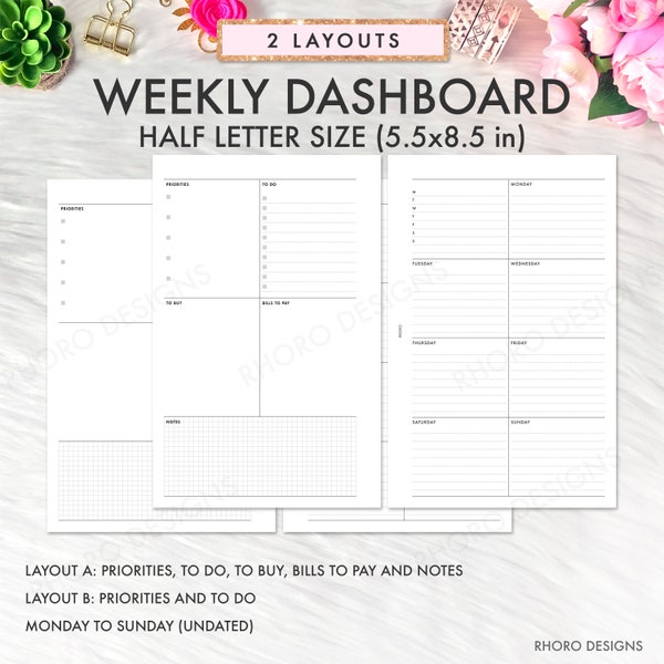 Half Letter Planner Inserts Printable, Weekly Dashboard Insert, Half Letter Printable, Half Letter Planner Inserts, Weekly Undated Printable