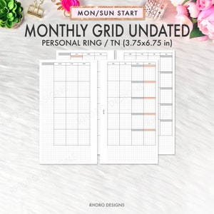 May include: A printable monthly grid planner template for personal ring or traveller's notebook sized planners. The template is designed for use with a 3.75 by 6.75 inch planner. The template has a grid layout with a Monday/Sunday start.