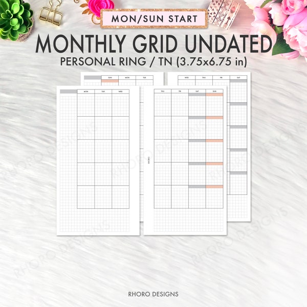 Personal Planner Inserts Printable, Personal Monthly Inserts, Monthly Grid Printable Inserts, Personal Inserts, Filofax Printable Inserts