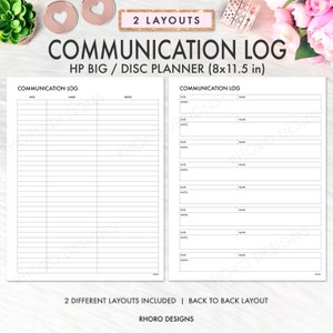 May include: Two printable communication log pages for a Happy Planner or disc planner. The pages are designed for an 8x11.5 inch planner and feature a simple layout with columns for date, name, and notes.