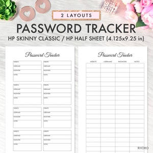 Op de afbeelding: Twee afdrukbare wachtwoordtracker-lay-outs voor een HP Skinny Classic of HP Half Sheet-planner. De eerste lay-out heeft vier secties met ruimte voor website, gebruikersnaam, wachtwoord en notities. De tweede lay-out heeft één sectie met ruimte voor website, gebruikersnaam, wachtwoord en notities.