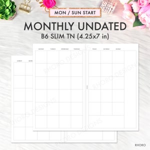 May include: A printable monthly planner template for a B6 slim TN (4.25x7 inches) notebook. The planner has a Monday to Sunday layout with a separate column for Sunday.