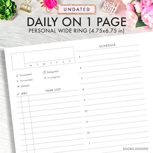 Personal Wide Inserts, Personal Wide Planner Inserts Printable, Daily Printable Inserts, Daily On 1 Page, DO1P, FC Daily Undated Refill PDF