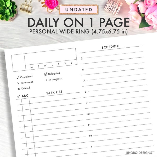 Personal Wide Inserts, Personal Wide Planner Inserts Printable, Daily Printable Inserts, Daily On 1 Page, DO1P, FC Daily Undated Refill PDF