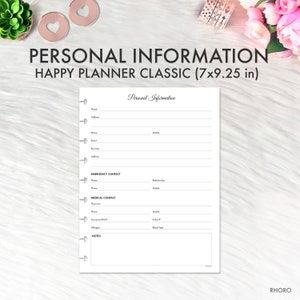 Happy Planner Classic Inserção para impressão de informações pessoais, contatos de emergência Happy Planner Classic Refil para impressão Inserções Planner 2025