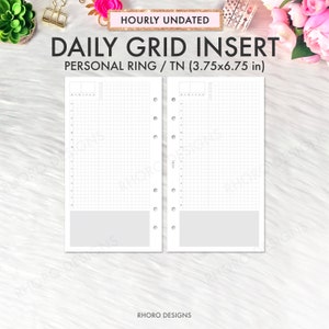 May include: A printable daily grid insert for personal ring or traveller's notebook planners. The insert is 9.5 cm by 17.1 cm and has a grid pattern. The insert is hourly undated and has a space for notes at the bottom.