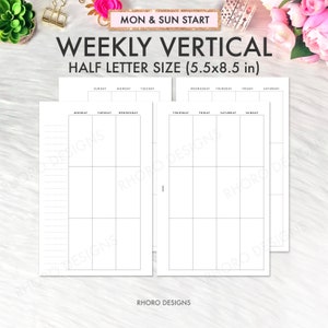 Inserciones de planificador de media carta imprimibles, inserción de diseño vertical semanal, imprimibles de media carta, inserciones de planificador de media carta, PDF semanal sin fecha