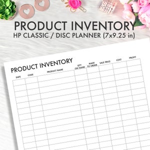 May include: A black and white printable product inventory sheet with headings for date, code, product name, quantity on hand, quantity made to order, sale price, cost, and profit. The sheet is designed for a disc planner with a size of 7 by 9.25 inches.