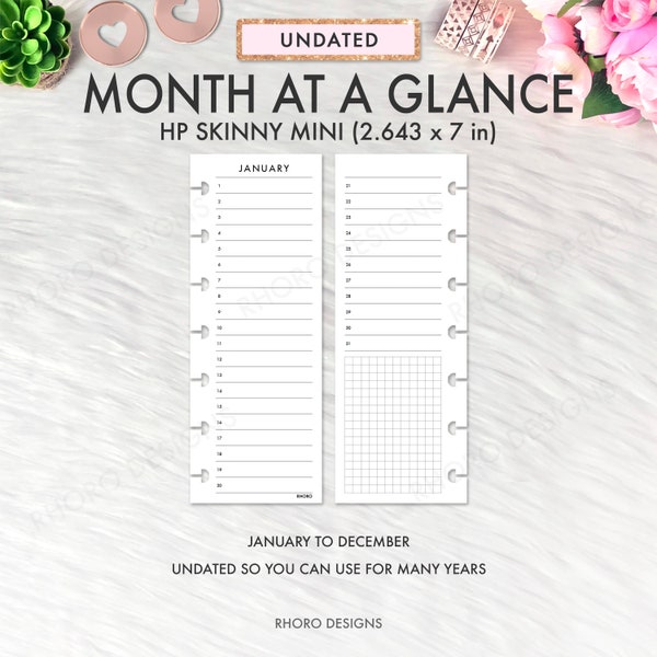 SKINNY MINI Happy Planner Inserts, Happy Planner Skinny Mini Printable Inserts, Month At A Glance Undated, Monthly Inserts Printables Refill