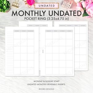 Pocket Ring Printables Monthly Insert, Month On 2 Pages, Monday Sunday Start, Filofax Pocket Refill Printable, Pocket Size Monthly Printable