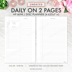 Puede incluir: Un planificador diario imprimible para un HP Mini o un planificador de disco. El planificador no está fechado, por lo que se puede usar durante muchos años. El planificador mide 11,75 cm por 17,8 cm. El planificador tiene una sección de horario, una lista de tareas y una sección de notas diarias.