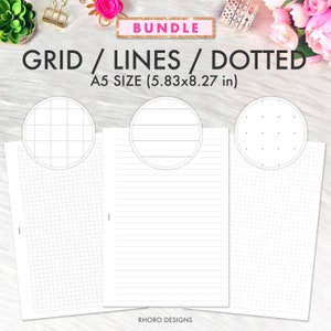 Inserti pianificatore A5 stampabili, Griglia A5, Linee A5, Set griglia punteggiata, Carta millimetrata stampabile, Carta stampabile con griglia a punti, Bullet Journal Note PDF