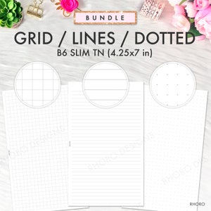 May include: A bundle of three printable planner pages in grid, lined, and dotted styles. The pages are designed for a B6 slim TN (4.25x7 inches) planner.