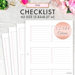 Pu&ograve; includere: Lista di controllo stampabile rosa con 1, 2, 4 e 6 colonne. Formato A5 (14,8 cm x 21 cm).