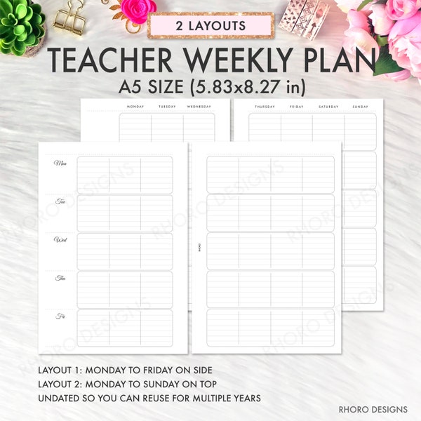 A5 Planner Inserts Printable, Teacher Planner Weekly Insert, Weekly Vertical Undated Inserts, A5 School Planner Inserts Refill PDF File