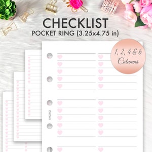 Puede incluir: Un planificador de lista de verificación con corazones rosas y fondo blanco. El planificador está diseñado para un sistema de anillas de bolsillo y mide 3,25 x 4,75 pulgadas. El texto "1, 2, 4 & 6 Columnas" está impreso en un círculo de cobre.