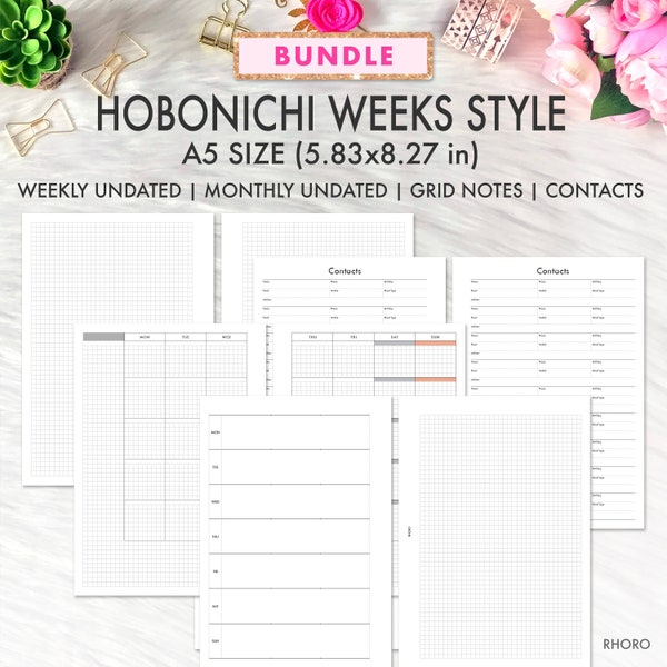 A5 Planner Inserts Printable, Hobonichi Style Bundle, Monthly Weekly Inserts, Contacts Grids Printable, Monthly Grid Undated, Filofax A5 PDF