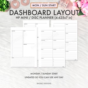May include: White planner inserts with a dashboard layout, designed for HP Mini or disc planners, measuring 4.625x7 inches. The inserts include sections for priorities, to-do lists, and notes. Text on the inserts reads "MON / SUN START" and "UNDATED SO YOU CAN USE ANY DAY".
