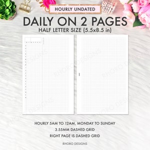 Inserciones de planificador de media letra imprimibles, diarias en cuadrícula de 2 páginas, inserciones imprimibles diarias de media letra estilo DO2P Hobonichi, PDF de dos páginas por día