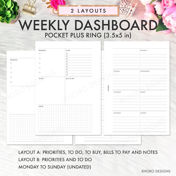Pocket Plus Planer Inserts, Weekly Dashboard Layout, Pocket Plus Rings Inserts, Pocket Plus Rings Weekly Insert, Pocket Plus Printable PDF