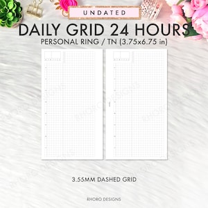 May include: Two blank, white pages with a 3.55 mm dashed grid. The pages are labeled "Daily Grid 24 Hours" and "Personal Ring / TN (3.75x6.75 in)". The pages are undated.