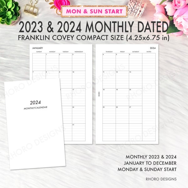 Franklin Covey Inserts Monthly Calendar 2023 2024, MO2P, Franklin Covey Compact Inserts, Monthly Lined Dated Printable Insert Planner Refill