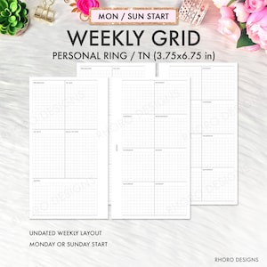 May include: A printable weekly planner grid in black and white. The planner is designed for a personal ring or traveler's notebook and measures 3.75 by 6.75 inches. The planner has sections for priorities, to do, to buy, bills to pay, notes, and daily scheduling. The planner can be used for either a Monday or Sunday start.