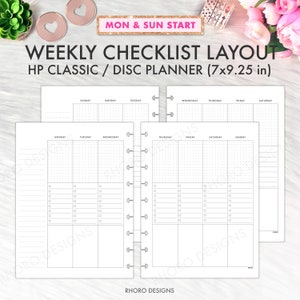 May include: A weekly checklist layout for a 7 by 9.25 inch HP Classic or Disc planner. The planner has a grid layout with dotted lines and checkboxes for each day of the week. The planner starts with Monday and Sunday.