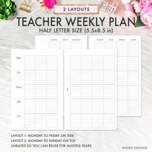 Inserciones de planificador de media letra imprimibles, inserciones de planificador de maestros, inserciones verticales semanales sin fecha, inserciones de planificador imprimibles de media letra PDF