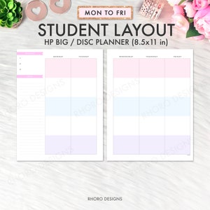 May include: A printable student planner layout for a disc planner. The planner is designed for a HP Big size planner, which is 8.5 inches by 11 inches. The planner has a Monday to Friday layout with space for daily notes and priorities.