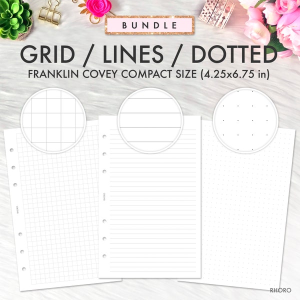 FRANKLIN COVEY Compact Inserts Printable, Grid, Lines, Dotted Grid Set Inserts, Franklin Covey Refill Printable, FC Compact Inserts Refill