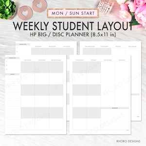 May include: A printable weekly student planner layout for a disc planner. The planner is designed for an 8.5 by 11 inch disc planner. The planner has sections for priorities, notes, and daily tasks. The planner is designed to be used with a Monday to Sunday start.