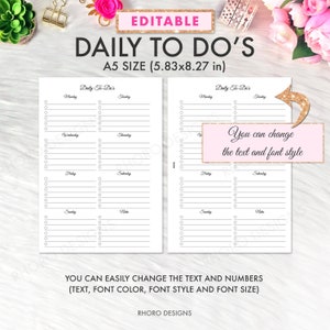Op de afbeelding: Bewerkbare dagelijkse takenlijst om te printen in A5-formaat (14,8 cm x 21 cm). De printbare lijst heeft twee kolommen met dagen van de week en regels om taken op te schrijven. De tekst "Daily To-Do's" staat bovenaan de pagina.