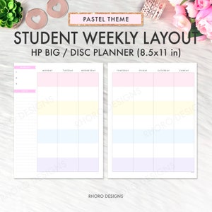 May include: A pastel-colored weekly planner layout for students. The planner is designed for use with a disc planner system and is 8.5 inches by 11 inches. The planner has sections for Monday through Sunday, with space for priorities, notes, and daily tasks.