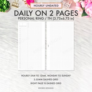 Personal Planner Inserts Printable, Daily Inserts, Daily With Time, Personal Inserts, Daily on 2 Pages DO2P, Hobo Grid Two Pages Per Day PDF