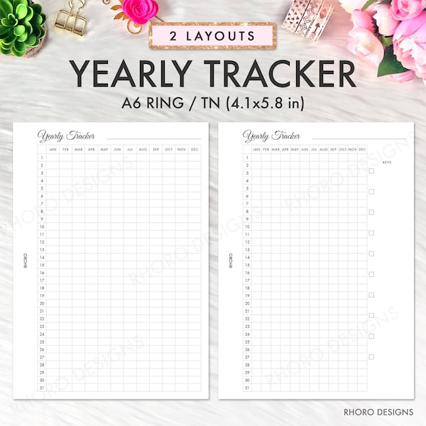 A6 Planner Inserts, A6 Inserts, A6 Printable, A6 Yearly Tracker, Habit Tracker Layout, A6 TN Yearly Tracker Printable PDF, A6 Ring Yearly