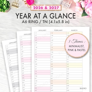 Może przedstawiać: Plan roczny na lata 2026 i 2027, format A6 ring/TN (10,4x14,7 cm). Planer ma minimalistyczny, różowy i pastelowy motyw. Zawiera układy miesięczne na styczeń, luty i marzec.