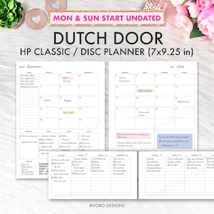 May include: A Dutch door HP Classic disc planner insert measuring 7x9.25 inches. The undated layout features a monthly calendar for September 2026, a weekly schedule, and sections for notes, priorities, to-do lists, and trackers with black text on white paper.